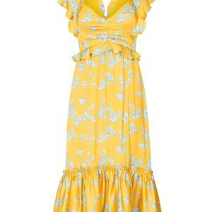 THREE FLOOR Lemonana Yellow/Aqua Dress Ruffle Trim High-Low Hem - Size 10